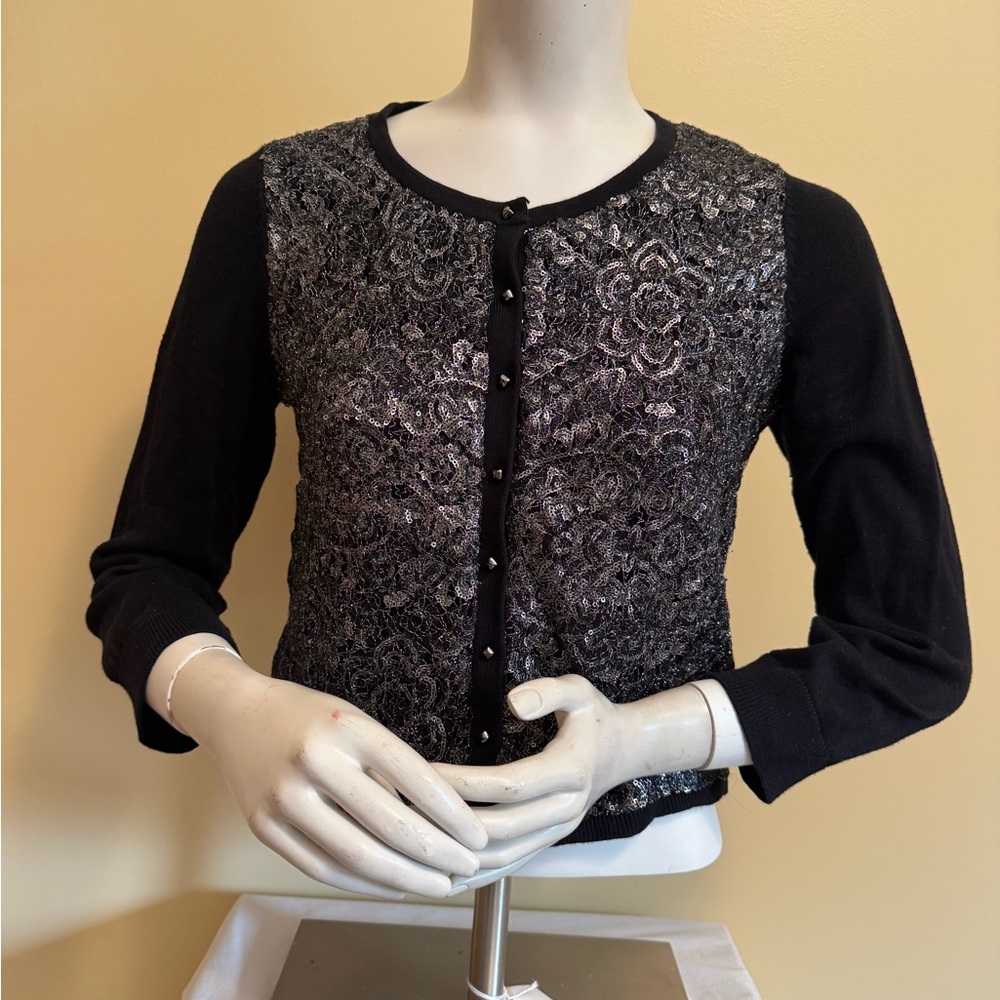 Anthropologie Knitted & Knotted Black and Silver Lace Cardigan Size M